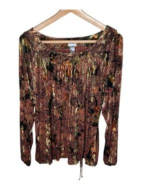 Chico’s Size 3 XL Velvet Burnout Top Drawstring Waist Boho Forest Fairy Fall